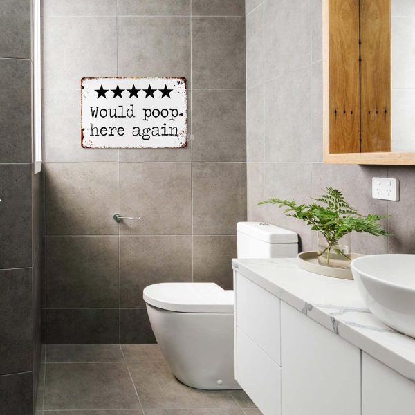 Would Poop Here Again - Funny Five Star Rating Bathroom Sign Decor - Indoor Outhouse Bathroom Door Wall Art