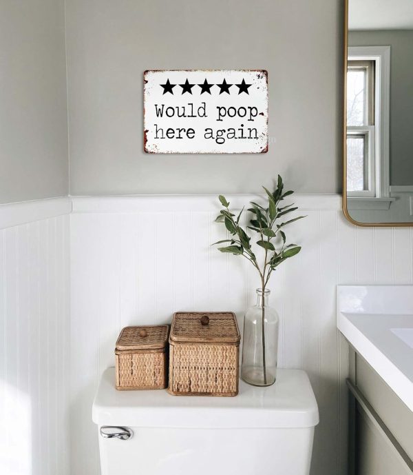 Would Poop Here Again - Funny Five Star Rating Bathroom Sign Decor - Indoor Outhouse Bathroom Door Wall Art