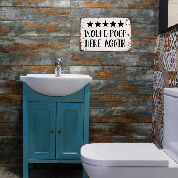 Would Poop Here Again - Funny Five Star Rating Bathroom Sign Decor - Indoor Outhouse Bathroom Door Wall Art