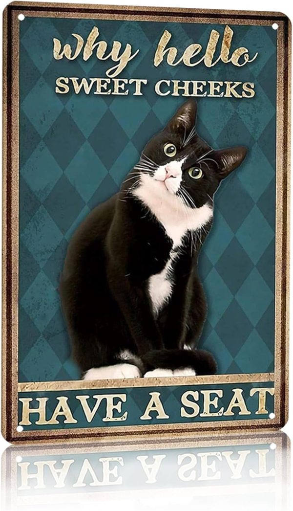 Funny Tuxedo Cat Bathroom Sign Why Hello Sweet Cheeks Tin Sign for Bathroom Toilet Wall Decor