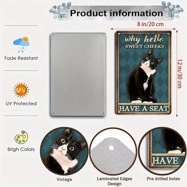 Funny Tuxedo Cat Bathroom Sign Why Hello Sweet Cheeks Tin Sign for Bathroom Toilet Wall Decor