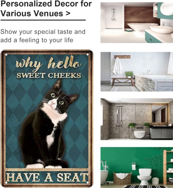 Funny Tuxedo Cat Bathroom Sign Why Hello Sweet Cheeks Tin Sign for Bathroom Toilet Wall Decor