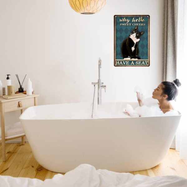 Funny Tuxedo Cat Bathroom Sign Why Hello Sweet Cheeks Tin Sign for Bathroom Toilet Wall Decor