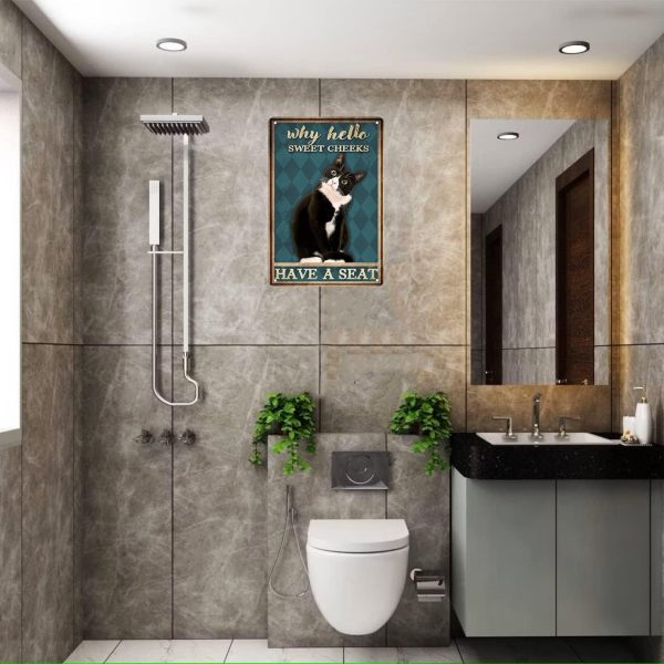 Funny Tuxedo Cat Bathroom Sign Why Hello Sweet Cheeks Tin Sign for Bathroom Toilet Wall Decor