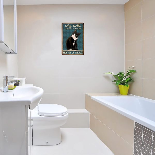 Funny Tuxedo Cat Bathroom Sign Why Hello Sweet Cheeks Tin Sign for Bathroom Toilet Wall Decor