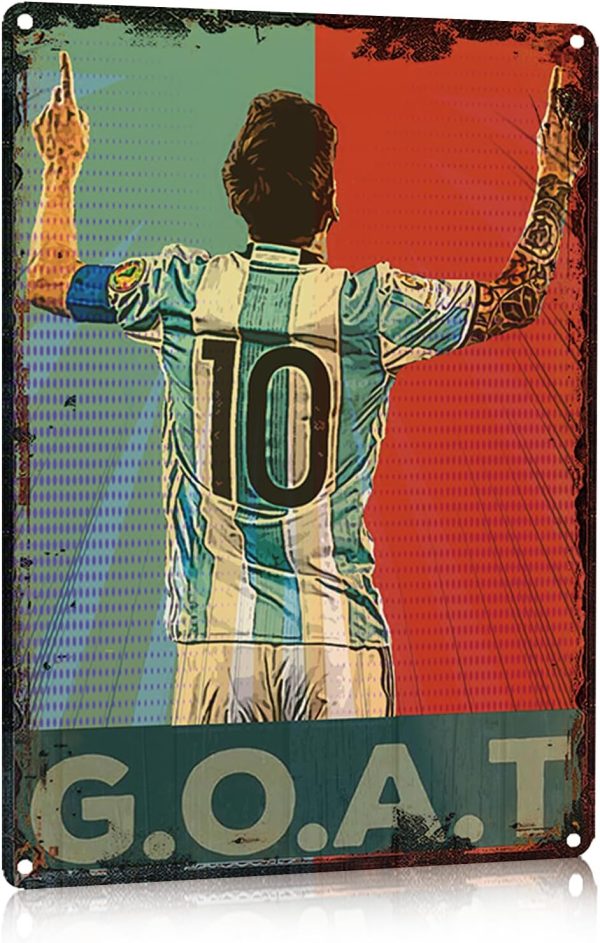 Vintage Style Lionel Messi Metal Tin Sign - G.O.A.T for Sports Bar, Garage & Wall Decor, Decorative for Soccer Fans