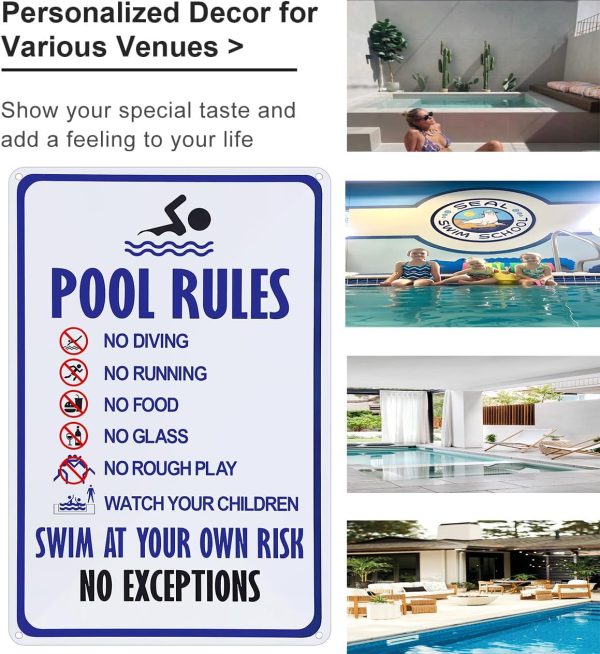 Pool Rules Sign Warning Swim At Your Own Risk Vintage Tin Sign for Swimming Pool Water Park Beach Decor