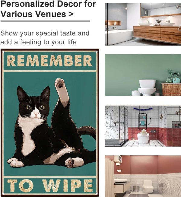 Funny Cat Bathroom Decor Sign Tuxedo Cat Remember To Wipe Tin Sign for Bathroom Toilet Wall Decor