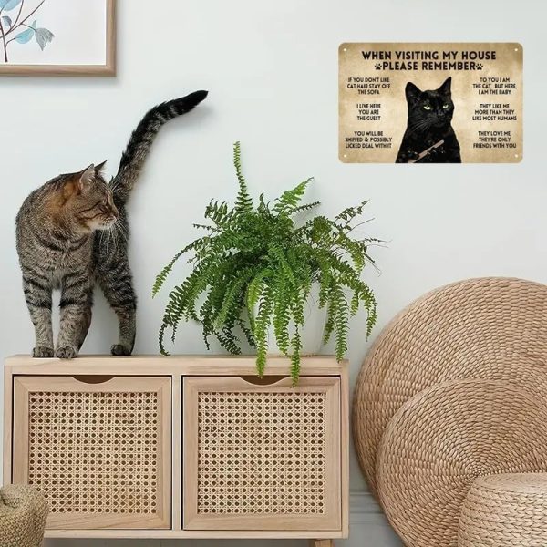 Funny Black Cat Vintage Metal Sign When Visiting My House Please Remember Sign for Home Living Room Bedroom Cat House Wall Decor