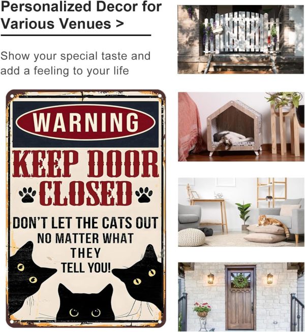 Funny Black Cat Vintage Tin Sign Keep Door Closed Sign for Home House Apartment Door Sign Wall Decor