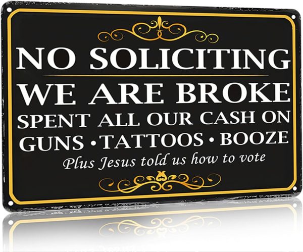 Bestylez No Solicting Sign We Are Broke Vintage Metal Sign for House Front Door Porch Yard Outdoor Wall Decor